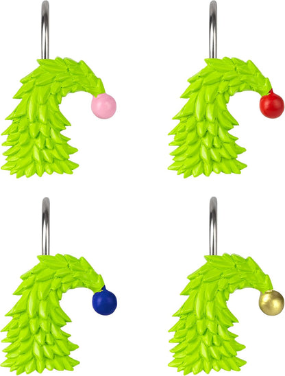 Sunlit Christmas Tree Decorative Shower Curtain Hooks with Festive Ball Ornaments, Lime Green Shower Curtain Rings, Resin, Xmas Theme Winter Holiday Bathroom Decoration, Set of 12
