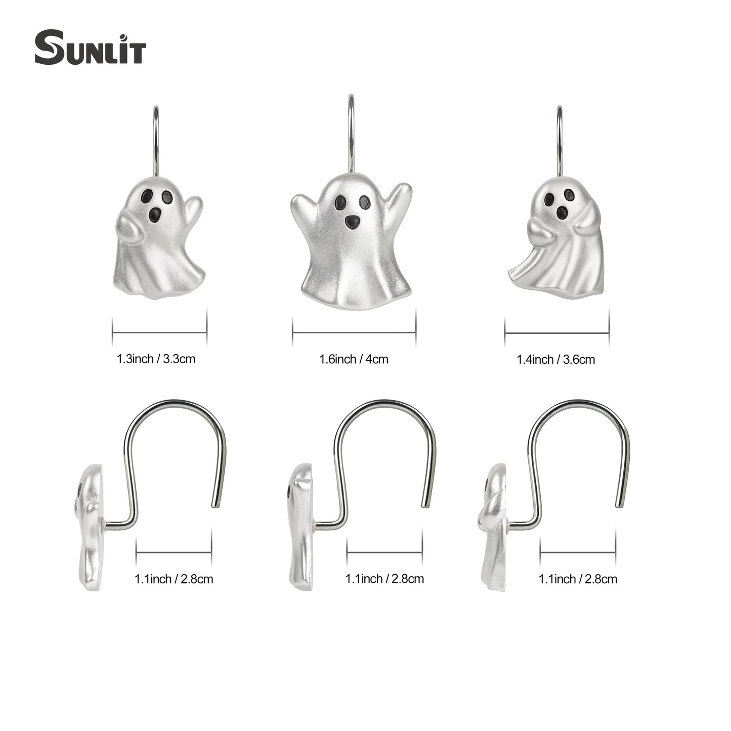 Sunlit Ghost Shower Curtain Hooks, Home Decorative Shower Curtain Rings for Bathroom, Halloween Shower Curtain Hangers Bathroom Accessories, Set of 12