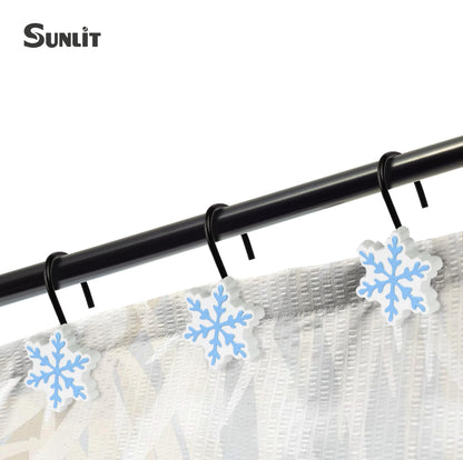 Sunlit Christmas Shower Curtain Hooks Silver Snowflakes Shower Curtain Rings, Resin, White Christmas Decor, Winter Bathroom Decoration - 12 Pack