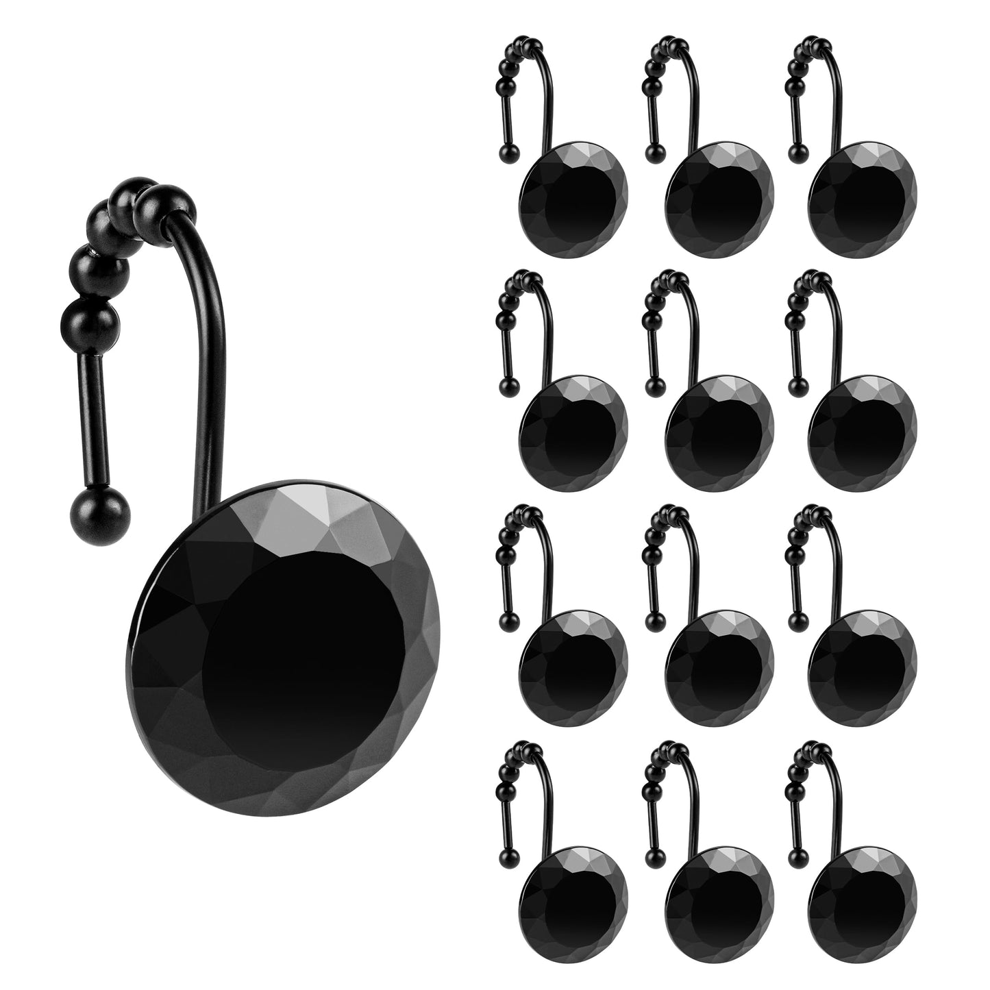 Sunlit Luxury Design Round Clear Diamond Crystal Gem Bling with Glide Balls Double Shower Curtain Hooks, Rust Proof Metal Rhinestones Glam Shower Curtain Rings-12 Pack