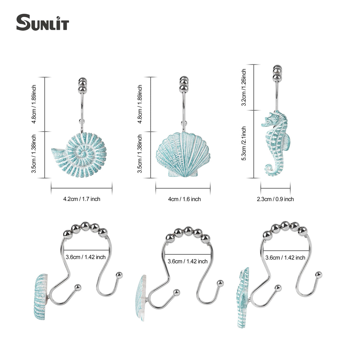 Sunlit Seashells Decorative Shower Curtain Hooks, Aqua Blue Ocean Creatures Coastal Shower Curtain Rings with Black Hooks, Resin, Nautical Bathroom Decoration Beach Shower Curtain Hooks, Set of 12