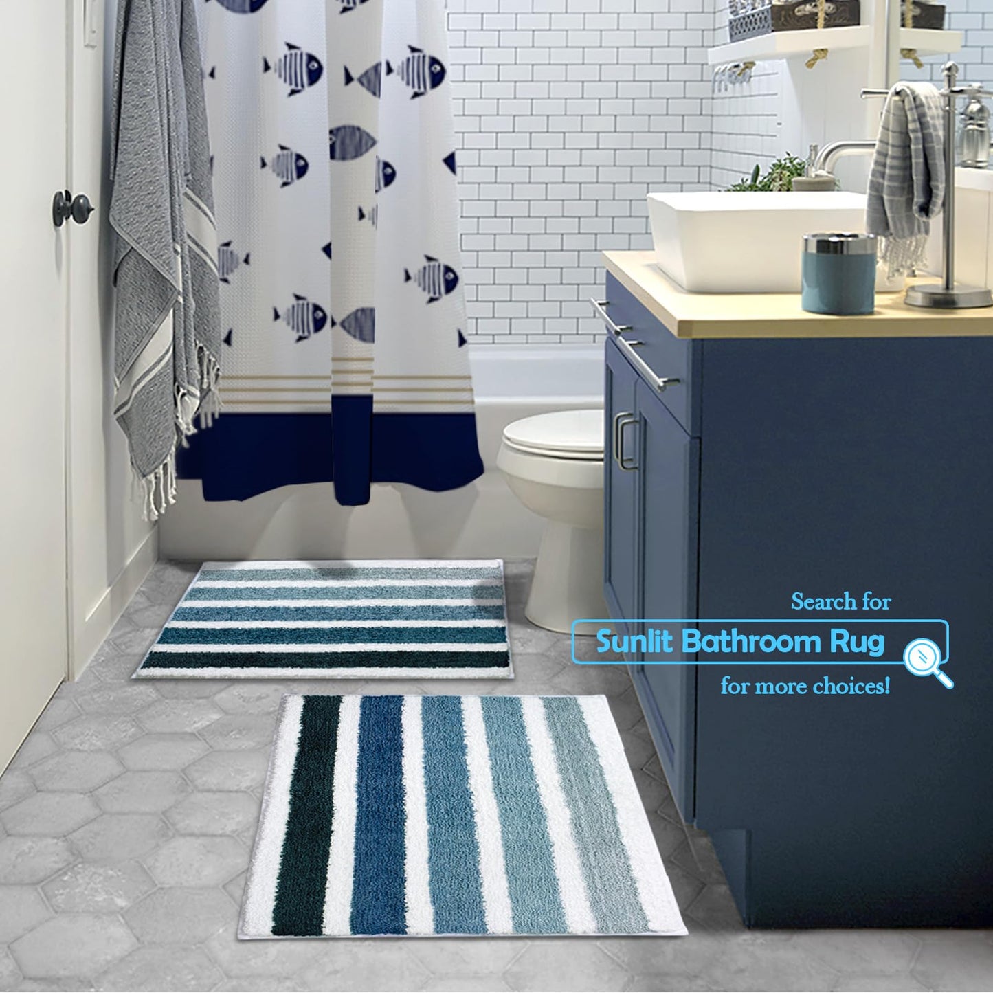 Sunlit 17"x24" Ombre Blue Bathroom Rug Non-Slip Absorbent Soft Bath Mat Set, Floor Mat Dry Fast Machine Washable.
