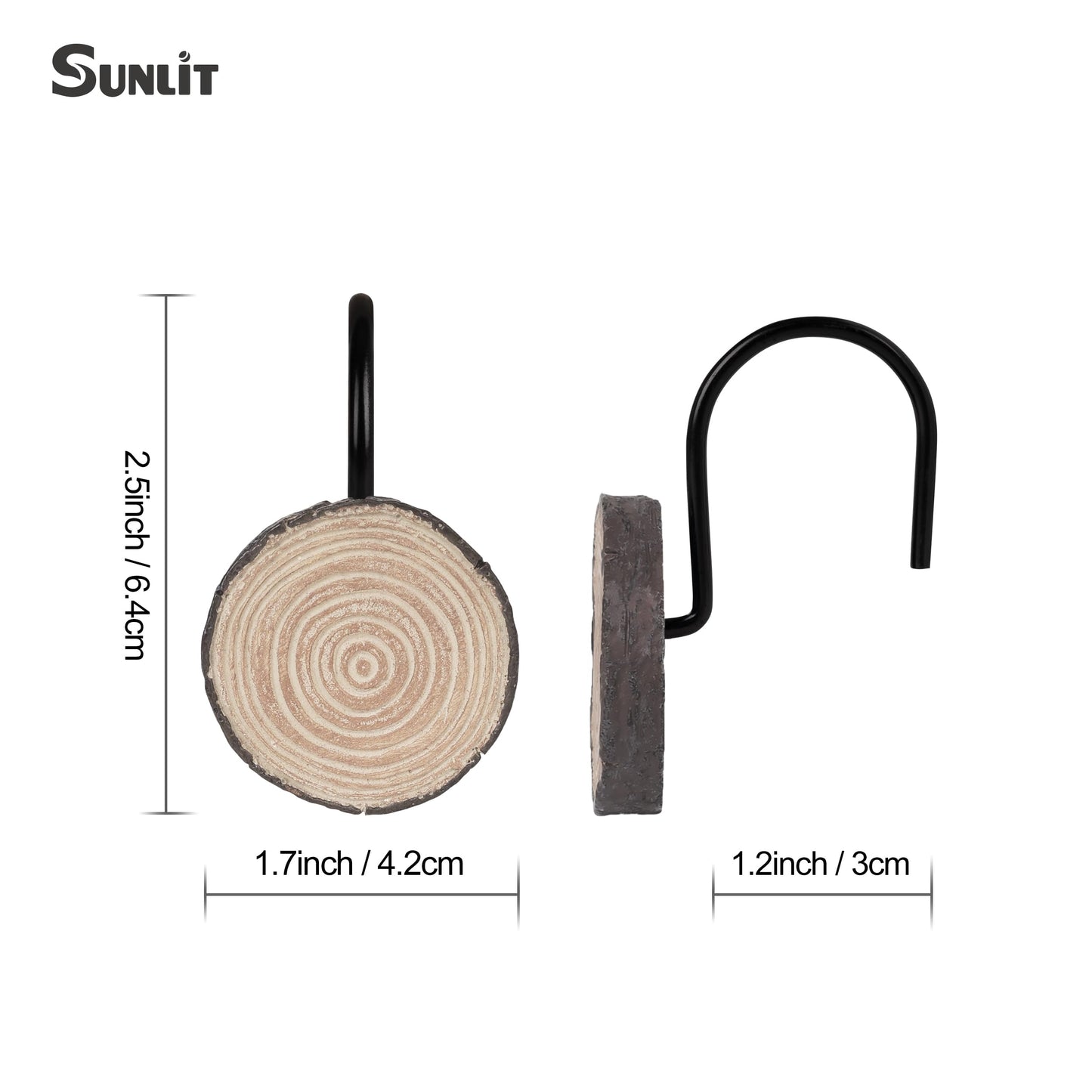 Sunlit Farmhouse Wooden Slices Shower Curtain Hooks, Rustic Home Decorative Shower Curtain Rings for Bathroom, Resin Shower Curtain Hangers Bathroom Accessories, Set of 12