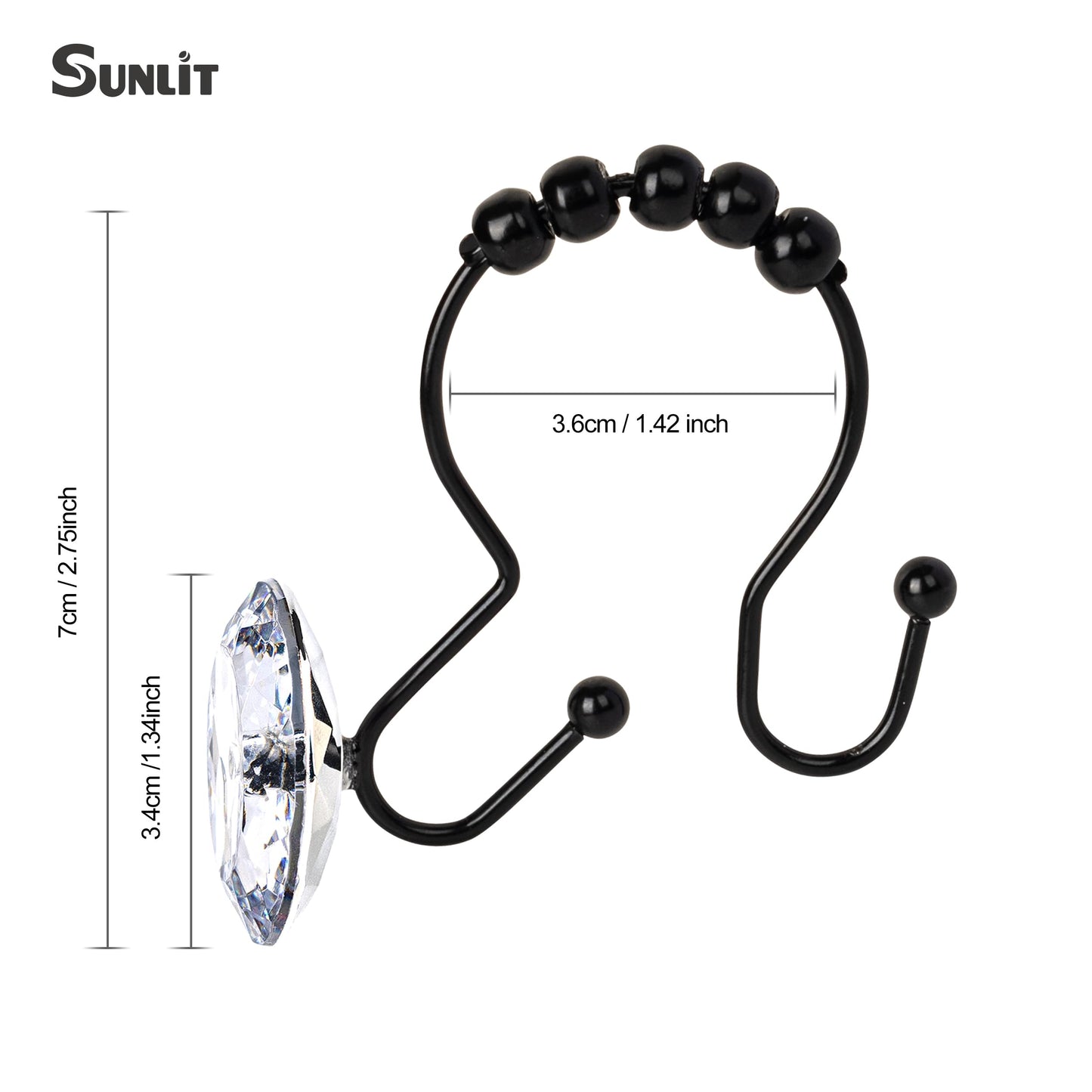 Sunlit Luxury Design Round Clear Diamond Crystal Gem Bling with Glide Balls Double Shower Curtain Hooks, Rust Proof Metal Rhinestones Glam Shower Curtain Rings-12 Pack