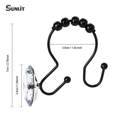 Sunlit Luxury Design Round Clear Diamond Crystal Gem Bling with Glide Balls Double Shower Curtain Hooks, Rust Proof Metal Rhinestones Glam Shower Curtain Rings-12 Pack