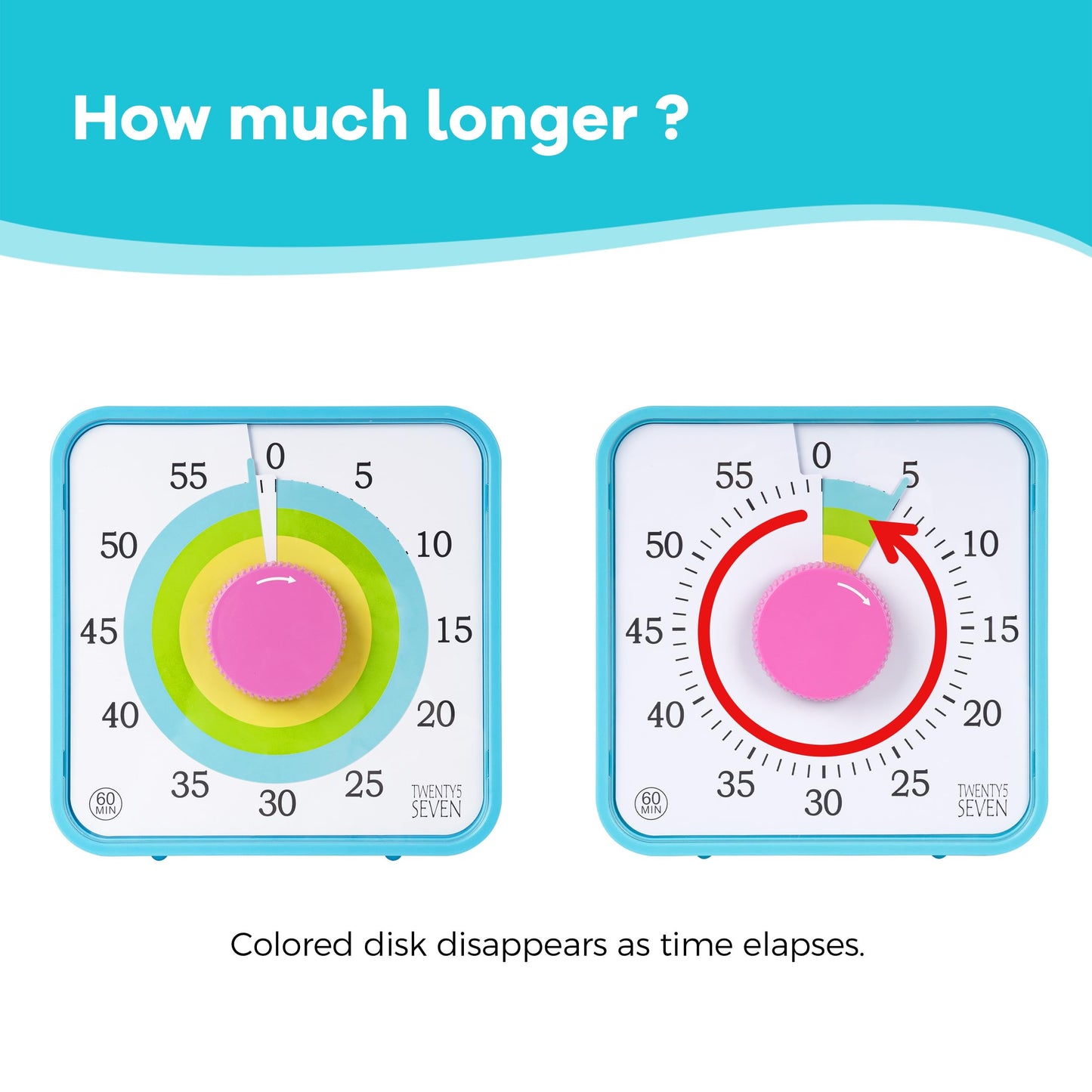 TWENTY5 SEVEN Countdown Timer 7.5 inch; 60 Minute 1 Hour Visual Timer – Classroom Teaching Tool Office Meeting, Mechanical Countdown Clock for Kids Exam Time Management Magnetic, Colorful