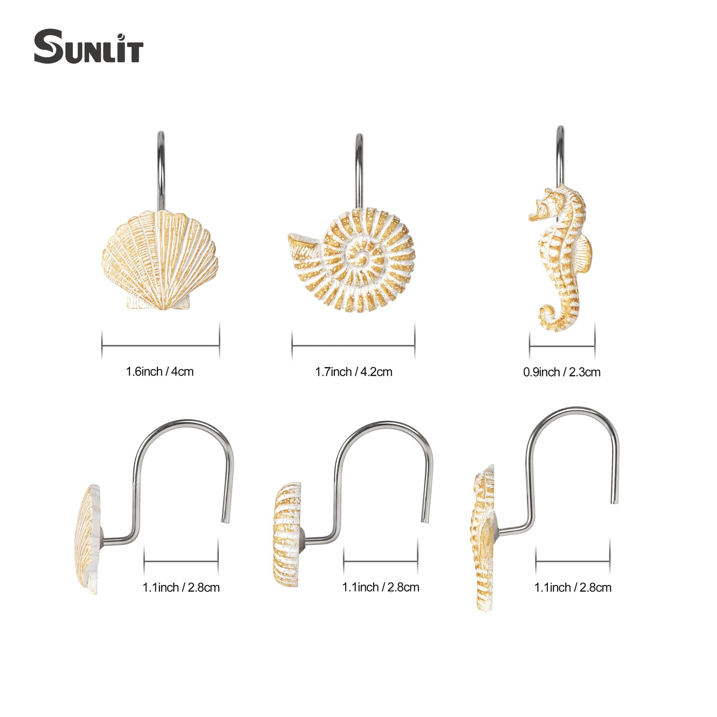 Sunlit Seashells Decorative Shower Curtain Hooks, Scallop Nautilus & Seahorse Shower Curtain Rings, Seashell Blush, Resin, Nautical Bathroom Decoration Beach Shower Curtain Hooks-12 Pack