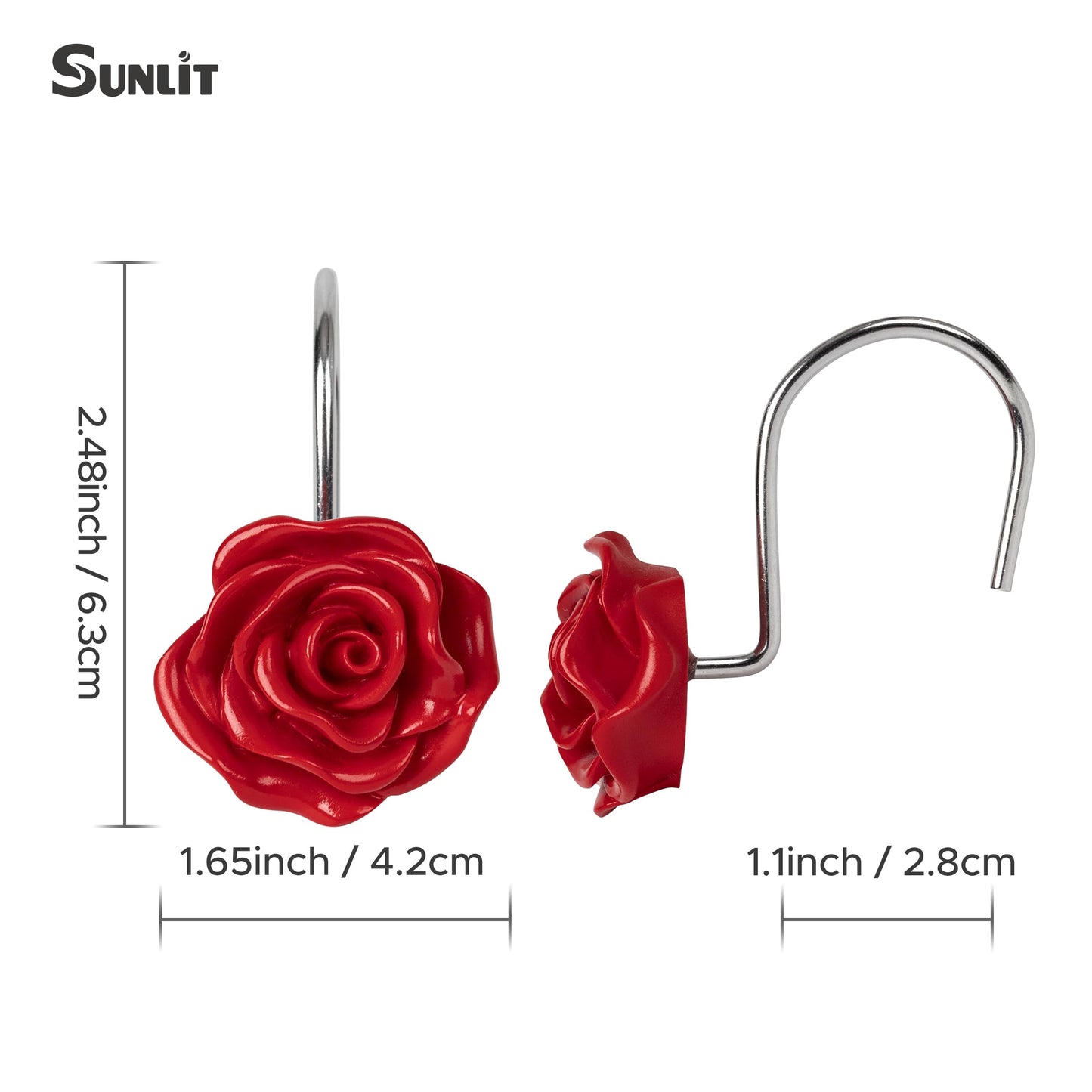 Sunlit Rose Shower Curtain Hooks, Home Decorative Flower Shower Curtain Rings for Bathroom, Resin, Pink Floral Shower Curtain Hanger Hooks for Living Room, Set of 12