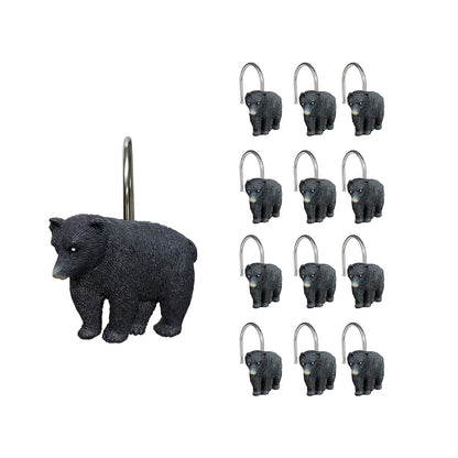 Sunlit Rustic Decorative Shower Curtain Hooks, Black Bear Shower Curtain Rings, Cabin Shower Curtain Hooks with Black Hooks, Resin, Farmhouse Bathroom Decoration, Set of 12
