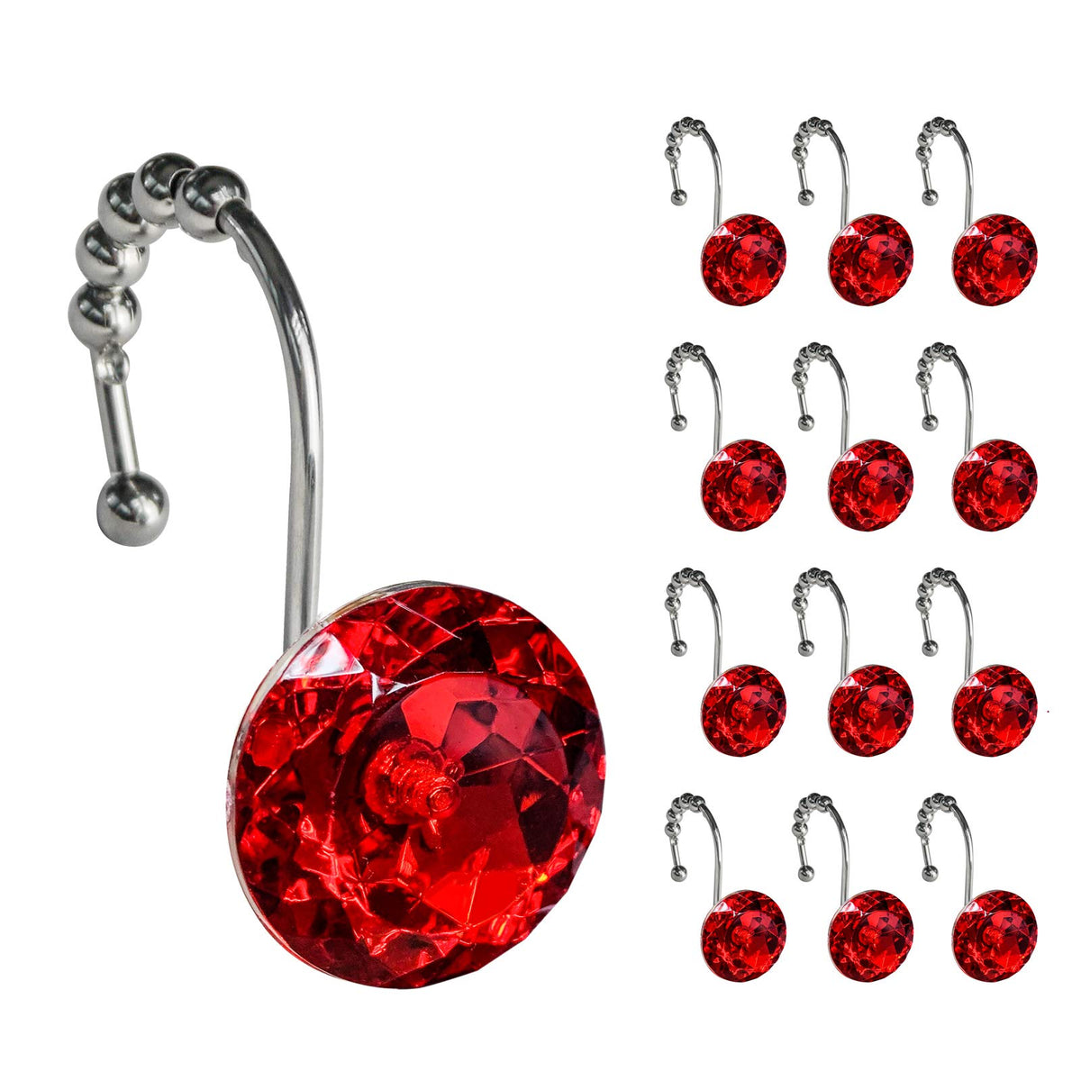 Sunlit Round Rhinestone Shower Curtain Hooks with Glide Balls, 12 Pack
