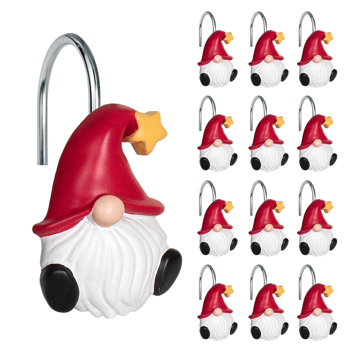 Sunlit Christmas Shower Curtain Hooks, Gnome Shower Curtain Rings, Hand Painted Resin Christmas Decor, Winter Bathroom Decoration, Red Hat with White Polka Dot, Set of 12
