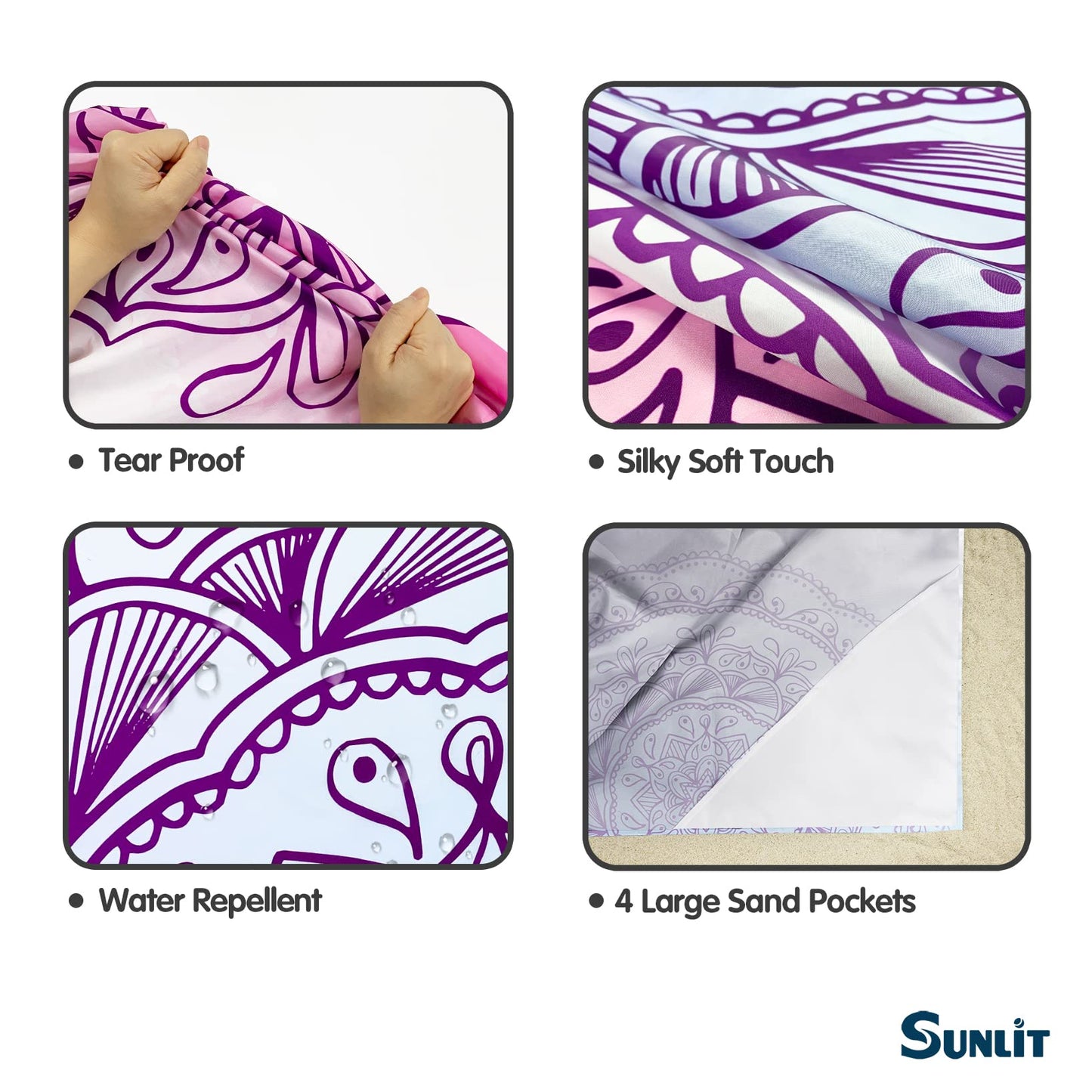 Sunlit Silky Soft Sand Proof Beach Blanket 106"x81" / 85"x72" Sand Proof Mat with Corner Pockets and Mesh Bag for Beach Party, Travel, Camping and Outdoor Music Festival, Mandala