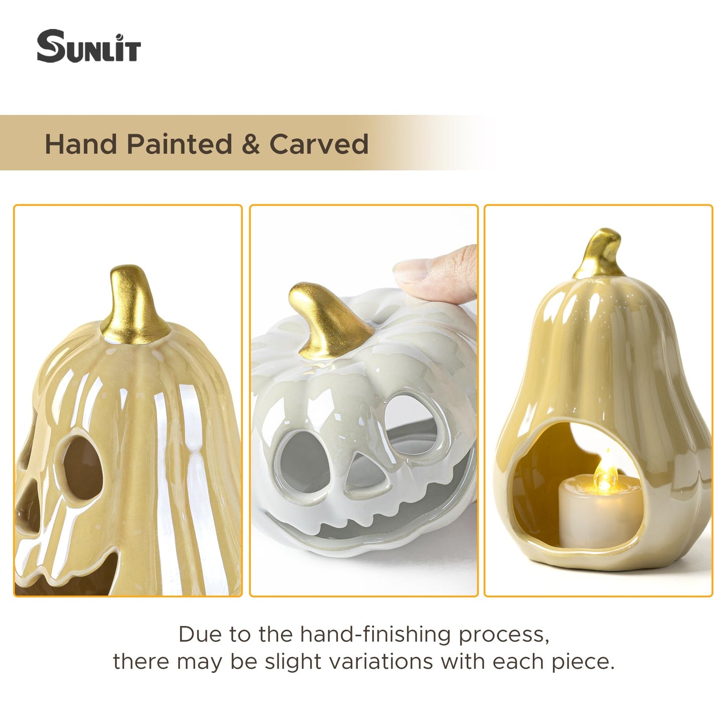 Sunlit Ceramic Pumpkin with 3 Tea Lights, Jack O Lantern Candle Holder Set of 3, Tabletop Indoor Halloween Decorations for Holiday Party Home