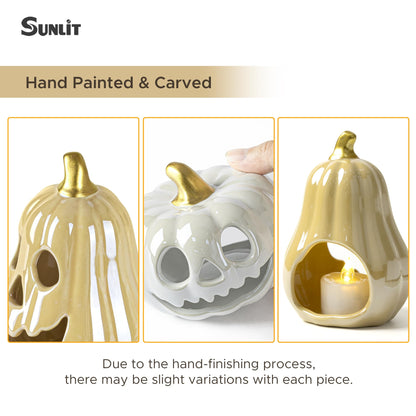 Sunlit Ceramic Pumpkin with 3 Tea Lights, Jack O Lantern Candle Holder Set of 3, Tabletop Indoor Halloween Decorations for Holiday Party Home