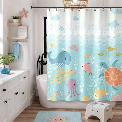 Sunlit Lovely Cartoon Sea Creatures Fabric Shower Curtain for Kids, Whale Turtle and Fish Bathroom Decor Curtain for Girls and Boys