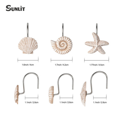Sunlit Seashells Decorative Shower Curtain Hooks, Scallop Nautilus & Seahorse Shower Curtain Rings, Seashell Blush, Resin, Nautical Bathroom Decoration Beach Shower Curtain Hooks-12 Pack