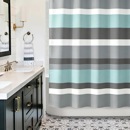 Sunlit Aqua Blue Gray Horizontal Stripes Water-Repellent Fabric Shower Curtain with Reinforced Metal Grommets Refreshing Striped Design Bathroom Decor