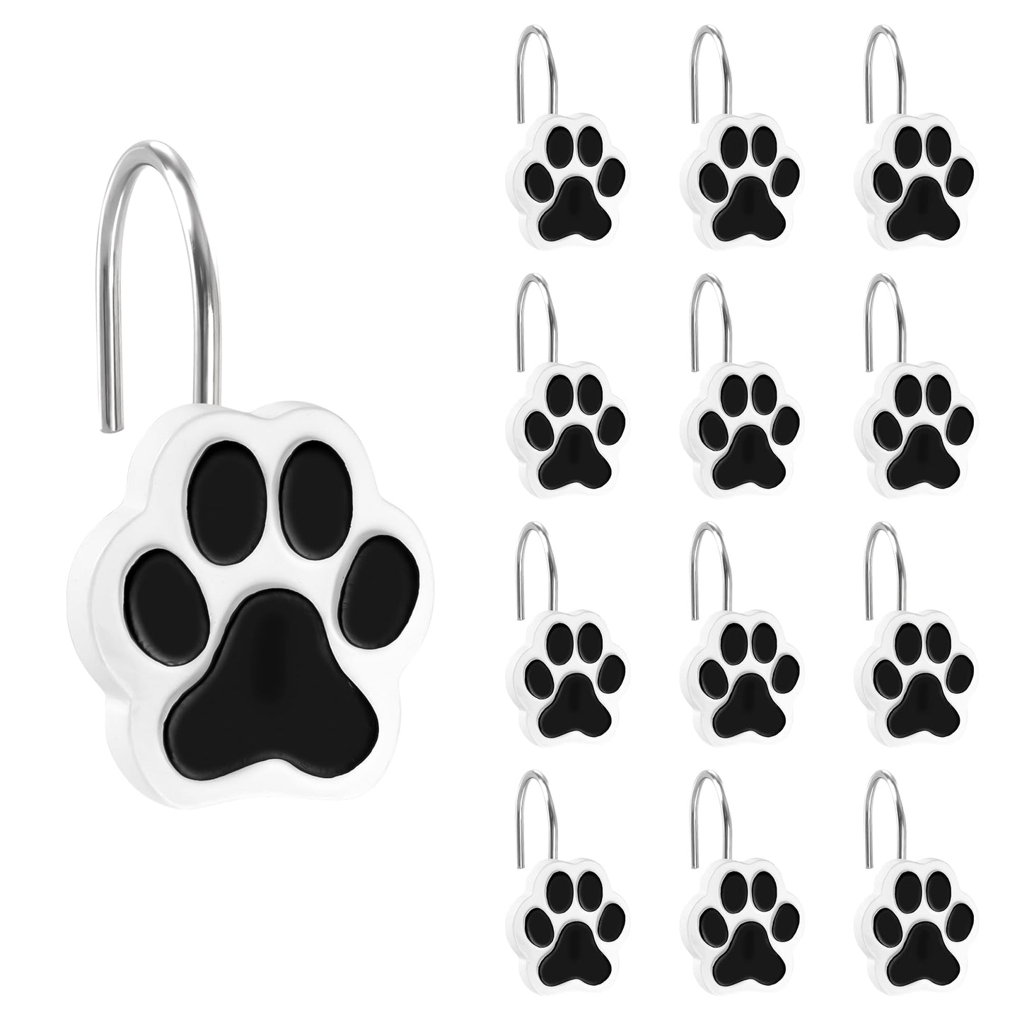 Sunlit Cute Paw Print Decorative Shower Curtain Hooks for Dog Cat Bear, Resin, Lovely Shower Curtain Rings with Black Hooks for Kids, Bathroom Decoration Curtain Hangers, 12 Pack, Black and White
