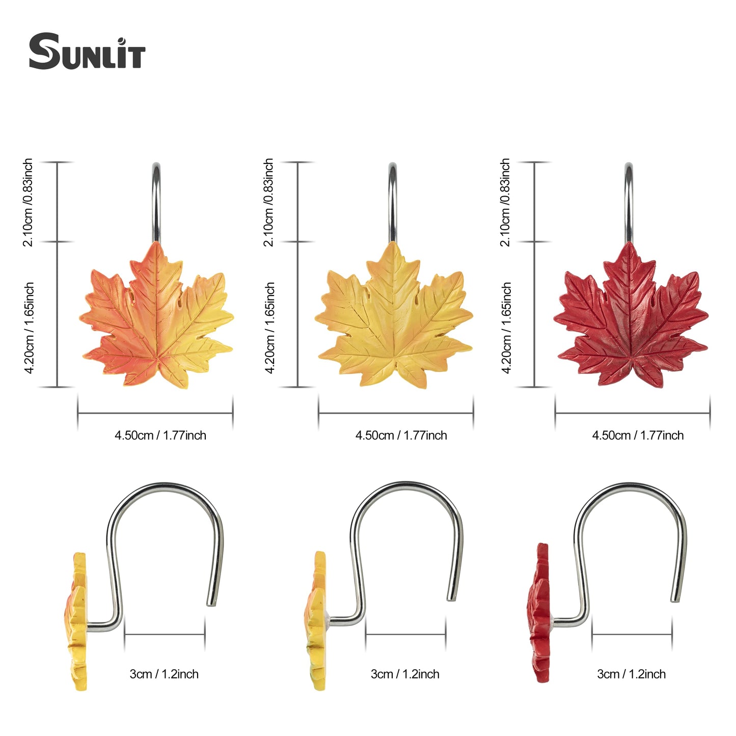 Sunlit Maple Leaf Shower Curtain Hooks for Fall Autumn, Home Decorative Shower Curtain Rings for Bathroom, Resin, Orange Red Maple Leaves Shower Curtain Hangers Hooks Bath Accessories, Set of 12