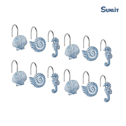 Sunlit Seashells Decorative Shower Curtain Hooks, Blue Ocean Creatures Coastal Shower Curtain Rings with Black Hooks, Resin, Nautical Bathroom Decoration Beach Shower Curtain Hooks, Set of 12