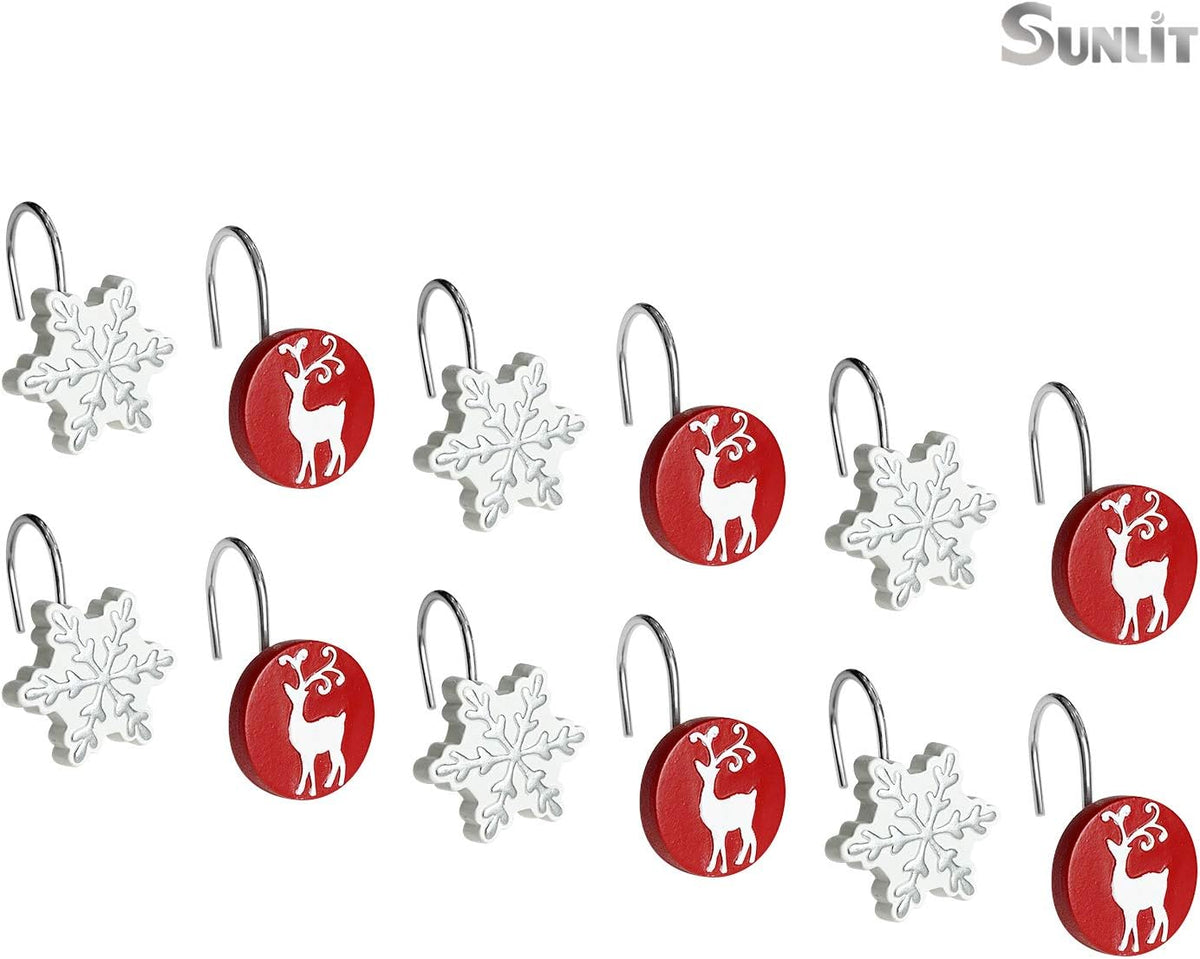 Sunlit Christmas Shower Curtain Hooks Winter Decorative Shower Curtain Rings, Silver Snowflakes and Reindeer, Resin, White Red Winter Bathroom Decoration - 12 Pack