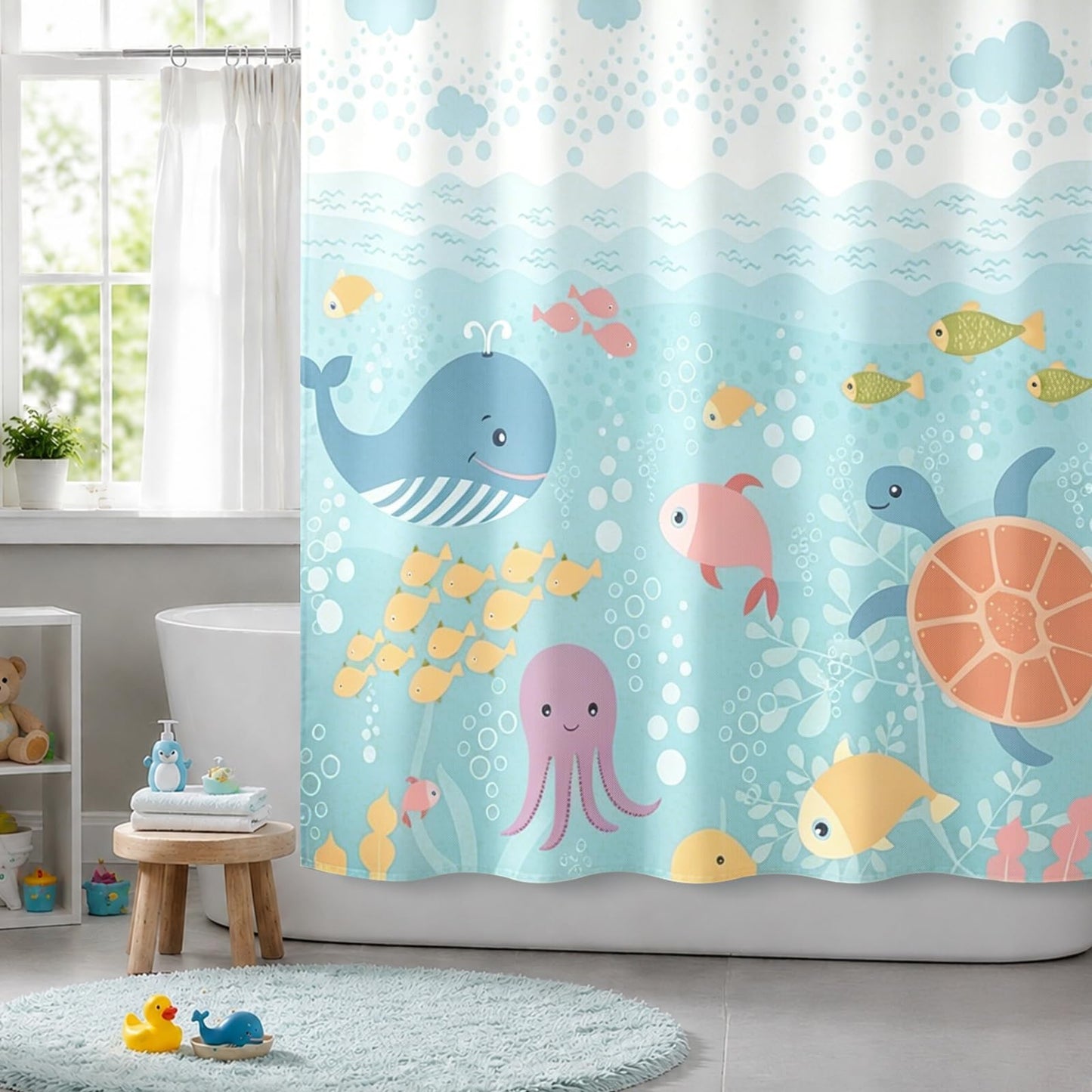 Sunlit Lovely Cartoon Sea Creatures Fabric Shower Curtain for Kids, Whale Turtle and Fish Bathroom Decor Curtain for Girls and Boys