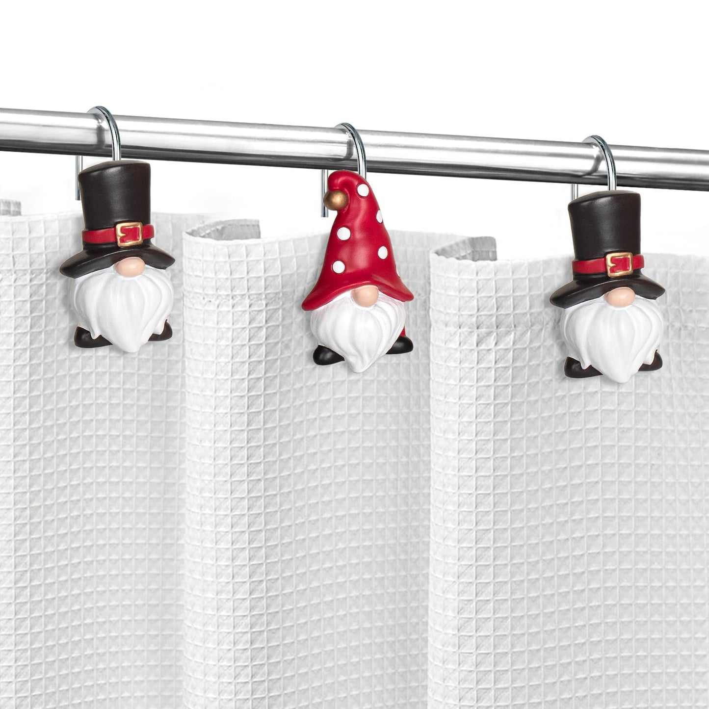 Sunlit Christmas Shower Curtain Hooks, Gnome Shower Curtain Rings, Hand Painted Resin Christmas Decor, Winter Bathroom Decoration, Red Hat with White Polka Dot, Set of 12