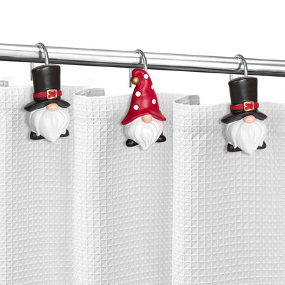 Sunlit Christmas Shower Curtain Hooks, Gnome Shower Curtain Rings, Hand Painted Resin Christmas Decor, Winter Bathroom Decoration, Red Hat with White Polka Dot, Set of 12