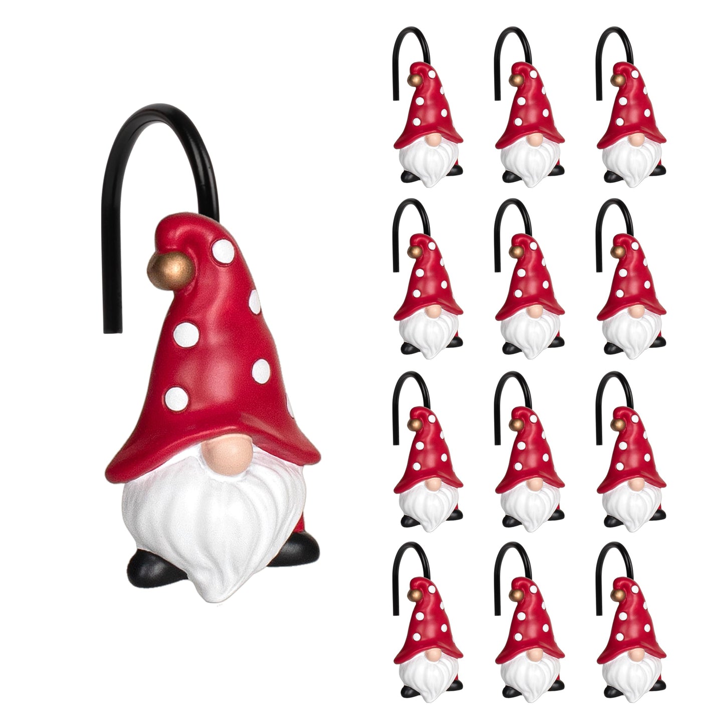 Sunlit Christmas Shower Curtain Hooks, Gnome Shower Curtain Rings, Hand Painted Resin Christmas Decor, Winter Bathroom Decoration, Red Hat with White Polka Dot, Set of 12