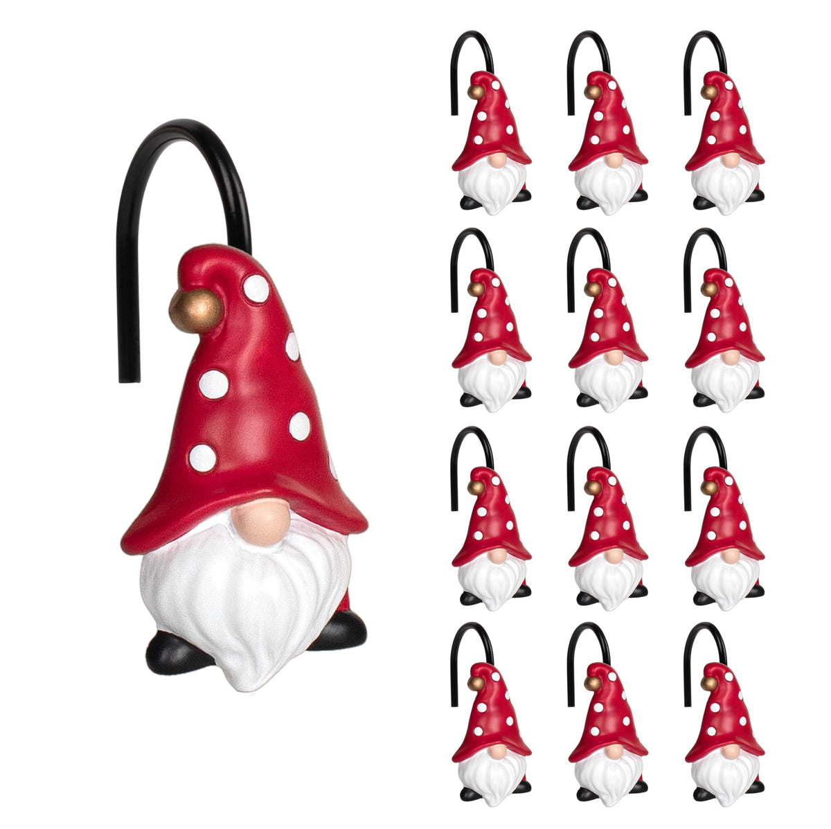 Sunlit Christmas Shower Curtain Hooks, Gnome Shower Curtain Rings, Hand Painted Resin Christmas Decor, Winter Bathroom Decoration, Black Green Red with Star, Set of 12
