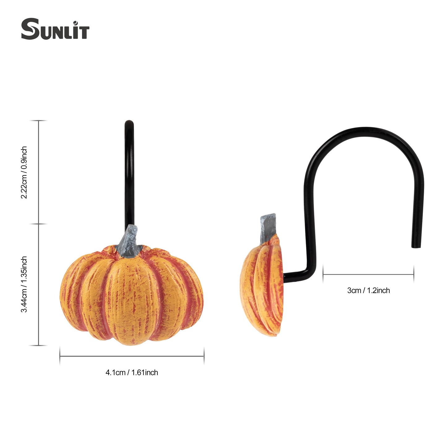 Sunlit Fall Pumpkin Decorative Shower Curtain Hooks, Autumn Harvest Festival Shower Curtain Rings, Resin, Orange Farmhouse Bathroom Curtain Hangers Decoration, Set of 12