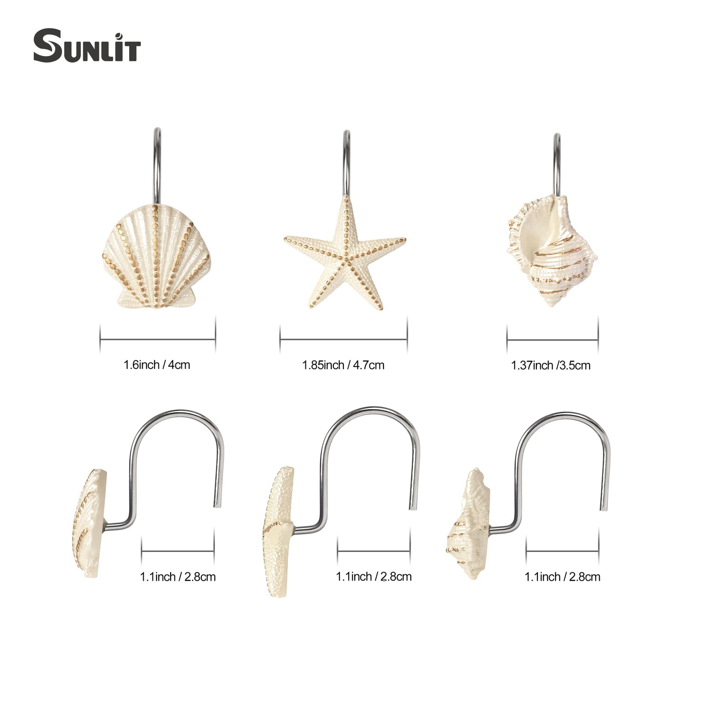 Sunlit Seashells Decorative Shower Curtain Hooks, Scallop Nautilus & Seahorse Shower Curtain Rings, Seashell Blush, Resin, Nautical Bathroom Decoration Beach Shower Curtain Hooks-12 Pack
