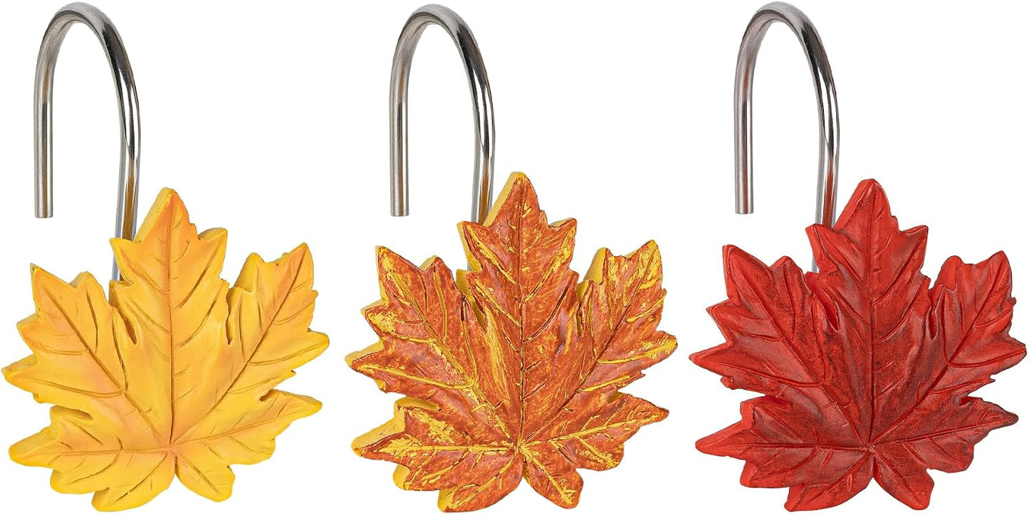 Sunlit Maple Leaf Shower Curtain Hooks for Fall Autumn, Home Decorative Shower Curtain Rings for Bathroom, Resin, Orange Red Maple Leaves Shower Curtain Hangers Hooks Bath Accessories, Set of 12