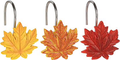 Sunlit Maple Leaf Shower Curtain Hooks for Fall Autumn, Home Decorative Shower Curtain Rings for Bathroom, Resin, Orange Red Maple Leaves Shower Curtain Hangers Hooks Bath Accessories, Set of 12