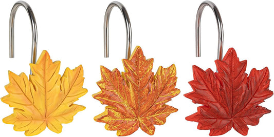 Sunlit Maple Leaf Shower Curtain Hooks for Fall Autumn, Home Decorative Shower Curtain Rings for Bathroom, Resin, Orange Red Maple Leaves Shower Curtain Hangers Hooks Bath Accessories, Set of 12