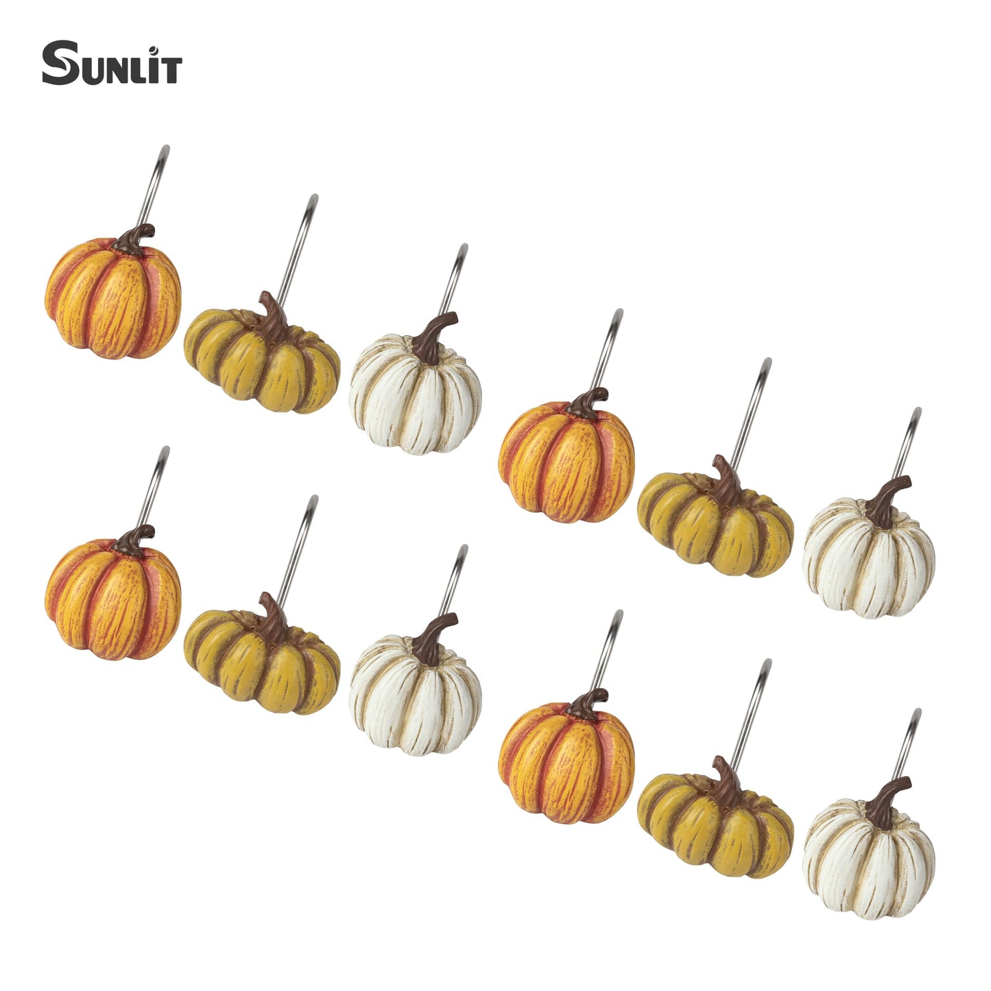 Sunlit Fall Pumpkin Decorative Shower Curtain Hooks, Autumn Harvest Festival Shower Curtain Rings, Resin, Orange Farmhouse Bathroom Curtain Hangers Decoration, Set of 12