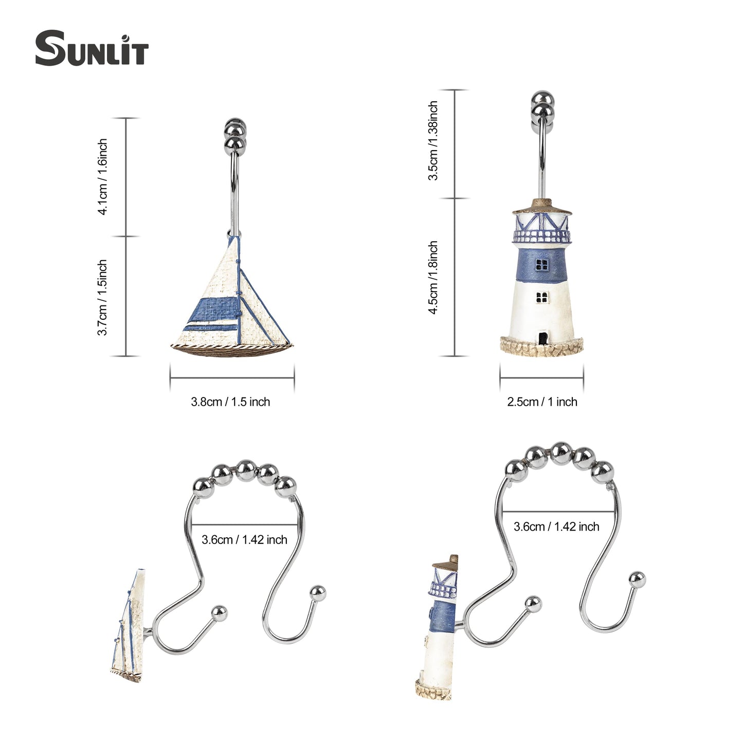 Sunlit Nautical Shower Curtain Hooks, Home Decorative Coastal Shower Curtain Rings for Bathroom, Resin, Ocean Shower Curtain Hanger Hooks for Living Room, Set of 12, Blue Lighthouse Sailboat