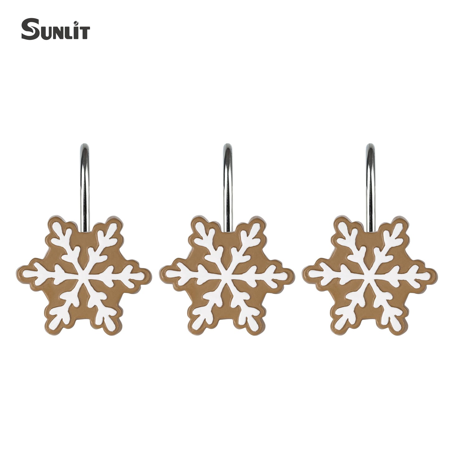 Sunlit Christmas Shower Curtain Hooks Silver Snowflakes Shower Curtain Rings, Resin, White Christmas Decor, Winter Bathroom Decoration - 12 Pack