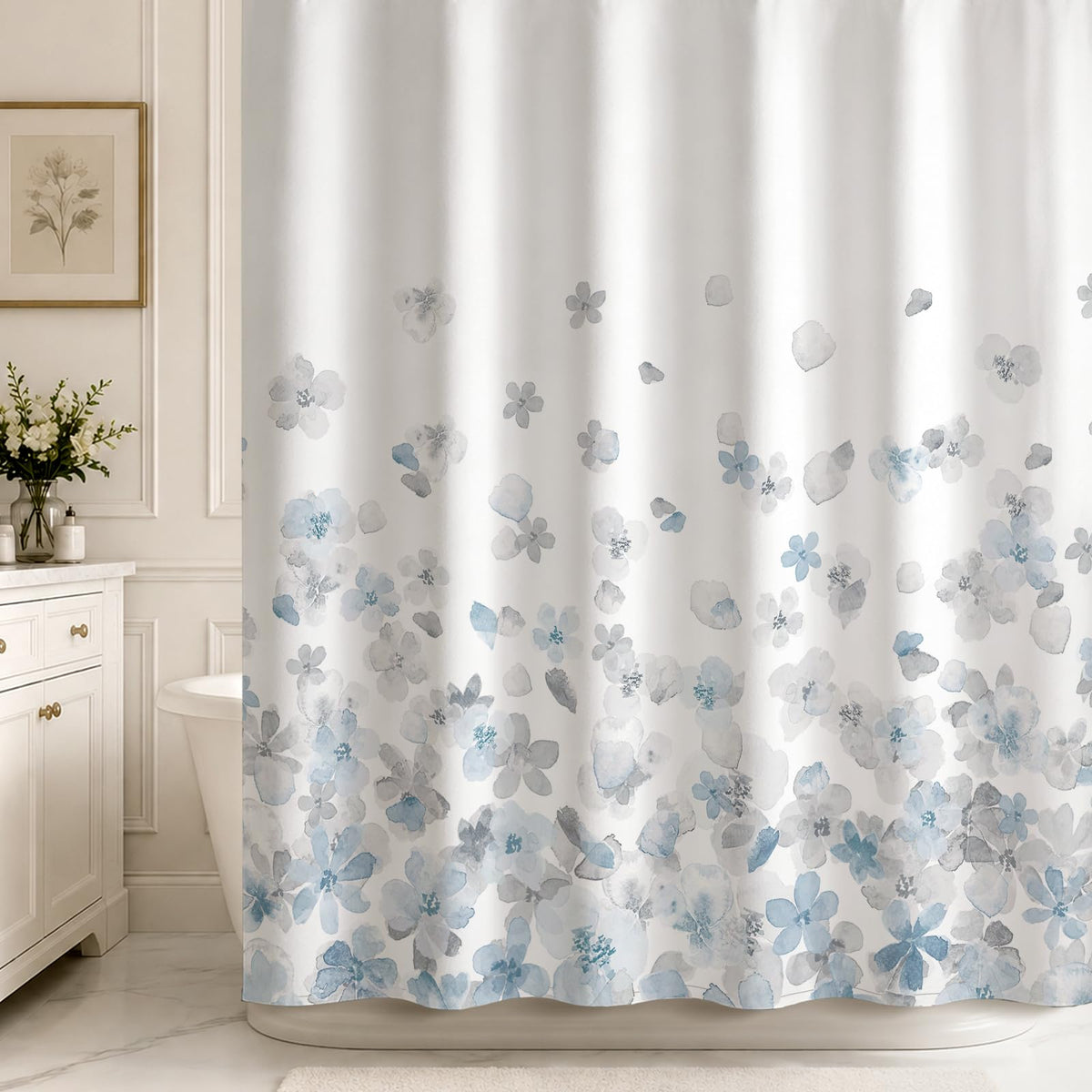 Sunlit Floral Fabric Shower Curtain, Design Simple Style Yellow and Gray Flower Blossoms Shower Curtains for Bathroom Decor with White Background, Machine Washable, 72x72