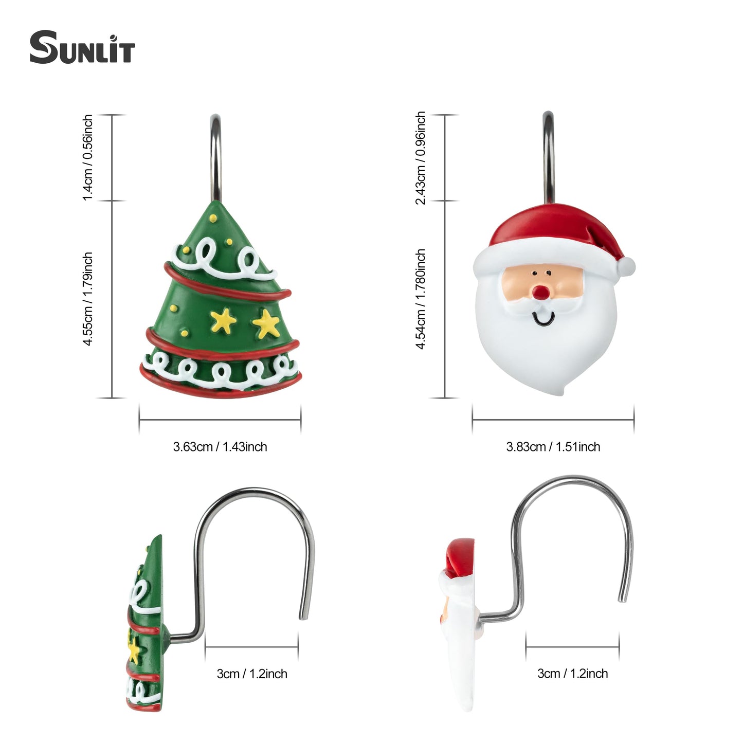 Sunlit Merry Christmas Shower Curtain Hooks Smiling Santa Claus Shower Curtain Rings, Resin, Christmas Decor, Winter Bathroom Decoration - 12 Pack