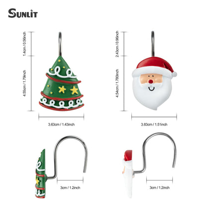 Sunlit Merry Christmas Shower Curtain Hooks Smiling Santa Claus Shower Curtain Rings, Resin, Christmas Decor, Winter Bathroom Decoration - 12 Pack
