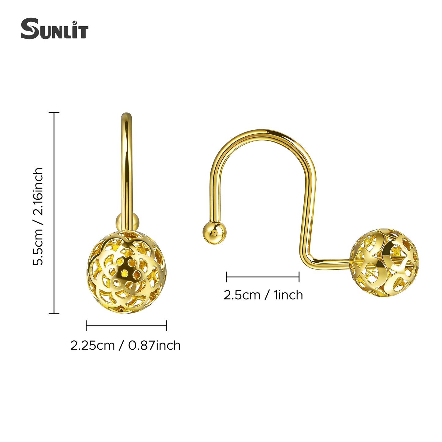 Sunlit Gold Hollow Ball Shower Curtain Hooks, Metal Home Decorative Shower Curtain Rings for Bathroom, Modern Shower Curtain Hangers Bathroom Accessories, Set of 12