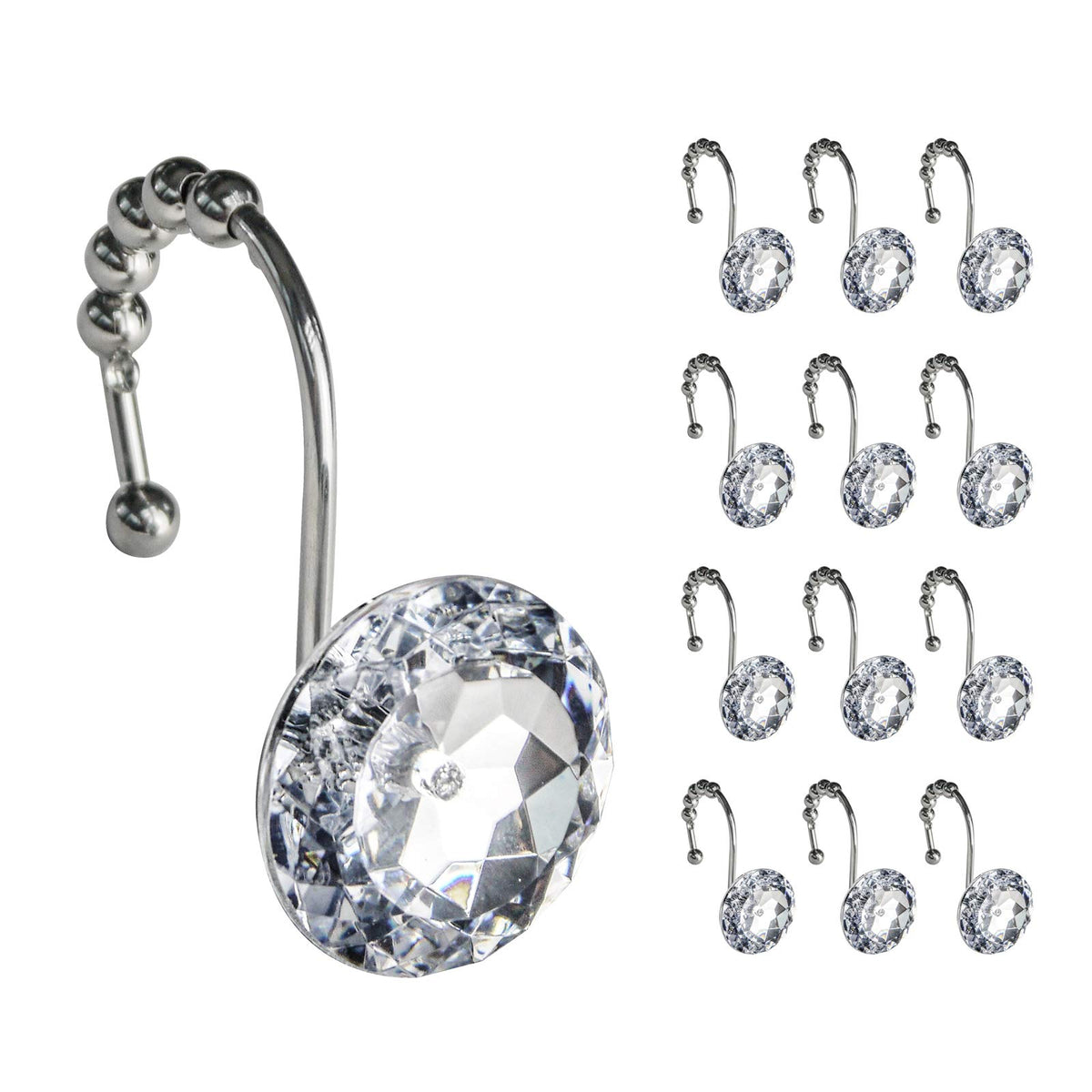 Sunlit Round Rhinestone Shower Curtain Hooks with Glide Balls, 12 Pack