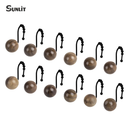 Sunlit Boho Wood Beads Decorative Shower Curtain Hooks, Shower Curtain Rings with Roller Balls, Farmhouse Bathroom Decoration Curtain Hangers Accessories, Set of 12, Walnut Wood