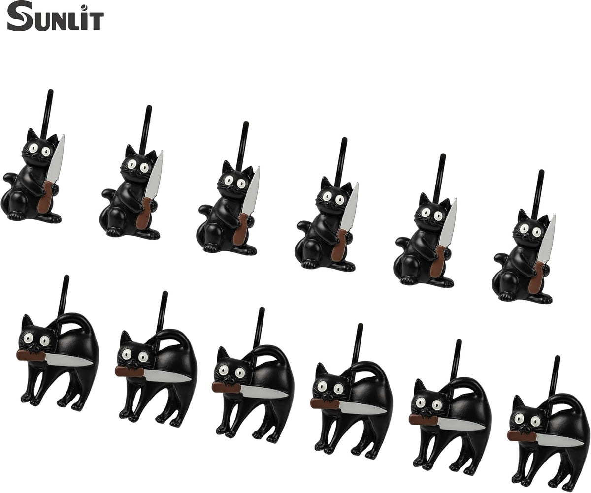 Sunlit Halloween Creepy Black Cat Shower Curtain Hooks, Home Decorative Shower Curtain Rings for Bathroom, Spooky Shower Curtain Hangers Bathroom Accessories, Set of 12