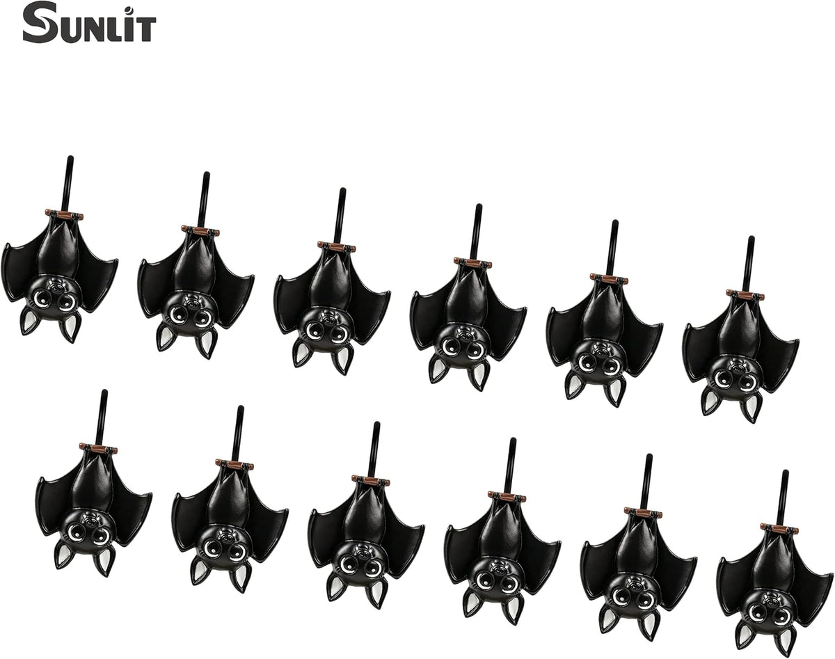 Sunlit Upside Down Bat Shower Curtain Hooks, Home Decorative Shower Curtain Rings for Bathroom, Halloween Shower Curtain Hangers Bathroom Accessories, Set of 12, Black