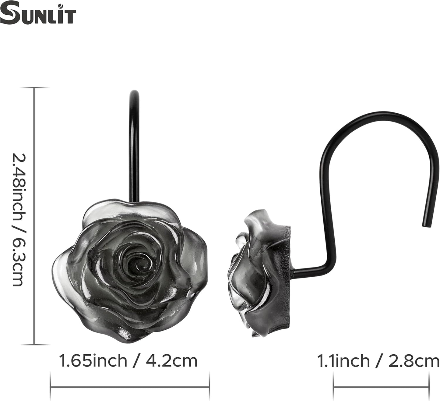 Sunlit Rose Shower Curtain Hooks, Home Decorative Flower Shower Curtain Rings for Bathroom, Resin, Pink Floral Shower Curtain Hanger Hooks for Living Room, Set of 12