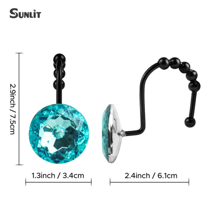 Sunlit Luxury Design Round Clear Diamond Crystal Gem Bling with Glide Balls Double Shower Curtain Hooks, Rust Proof Metal Rhinestones Glam Shower Curtain Rings-12 Pack