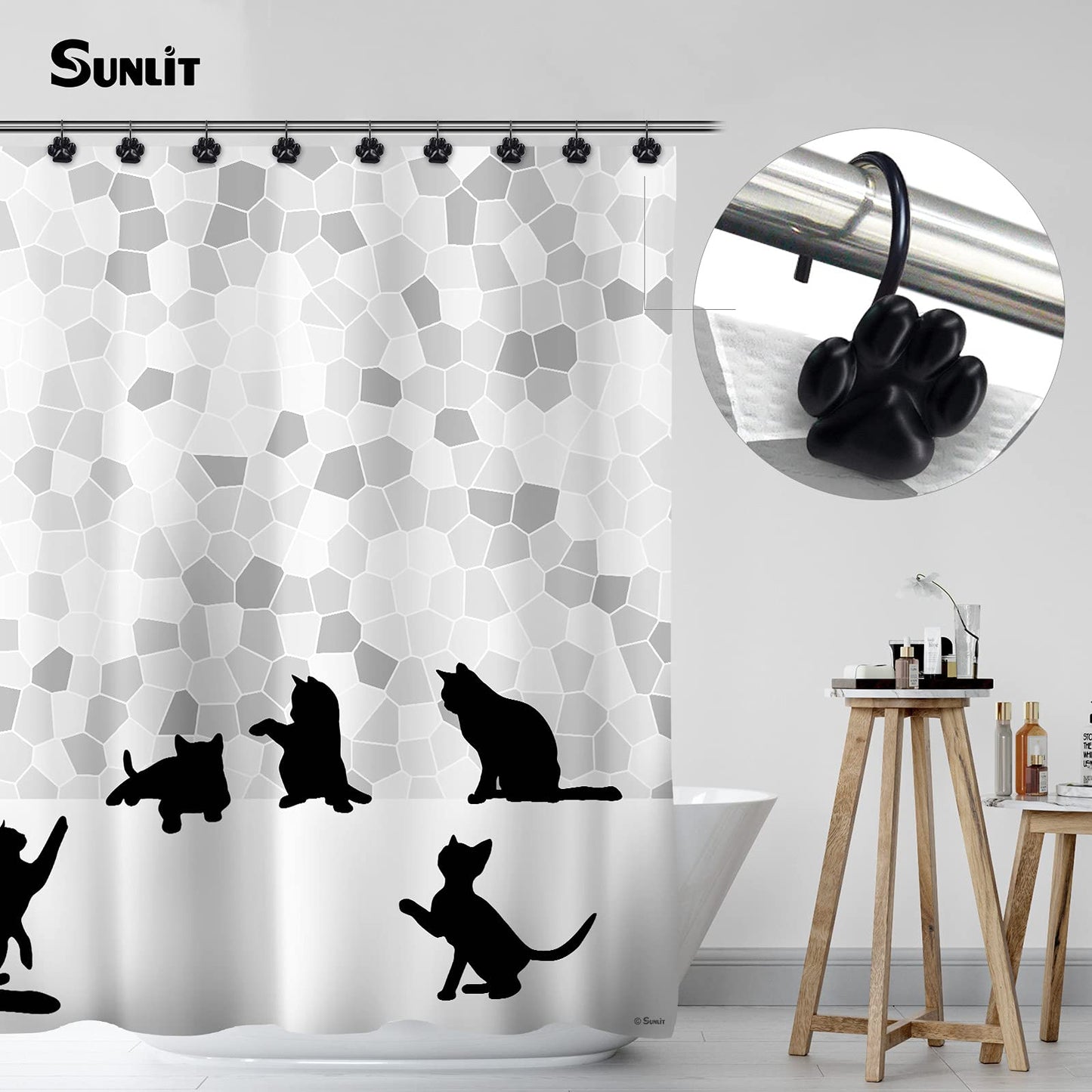 Sunlit Fashion Design Cute Paw Print Polished Shower Curtain Hooks for Dog Cat and Bear, Rust Proof Oil Rubbed Metal Shower Curtain Rings-12 Pack