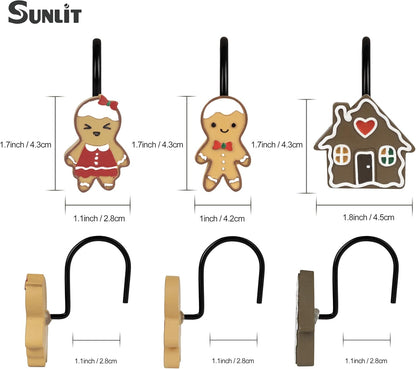 Sunlit Christmas Decorative Shower Curtain Hooks, Cute Gingerbread Man Cookie Shower Curtain Rings, Xmas Winter Holiday Bathroom Decoration for Kids Girls Boys Children, Resin, Set of 12